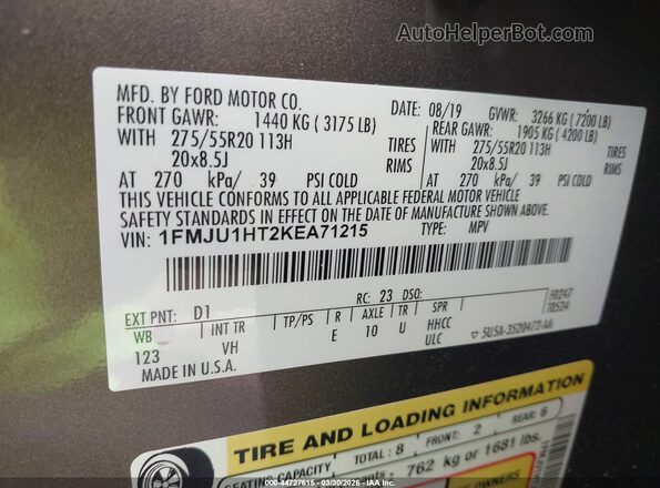 1FMJU1HT2KEA71215 2019 FORD EXPEDITION Brown Вид підкапотного простору