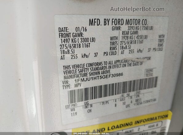1FMJU1HT5GEF30986 2016 FORD EXPEDITION Белый Вид подкапотного пространства