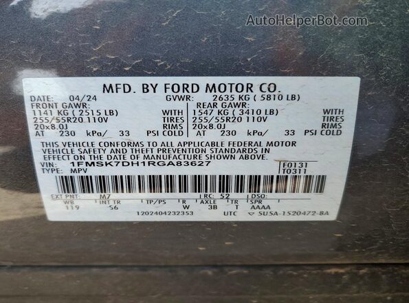 1FMSK7DH1RGA83627 2024 FORD FORD EXPLORER Gray Vista de la etiqueta del VIN