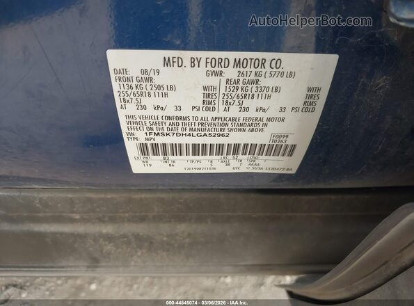 1FMSK7DH4LGA52962 2020 FORD FORD EXPLORER Blue Engine compartment view