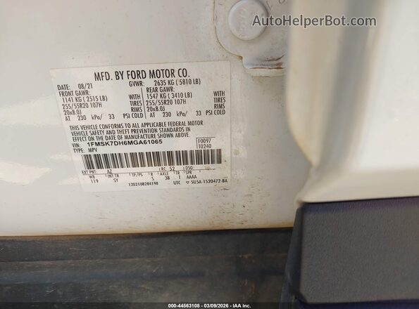 1FMSK7DH6MGA61065 2021 FORD FORD EXPLORER White Widok komory silnika