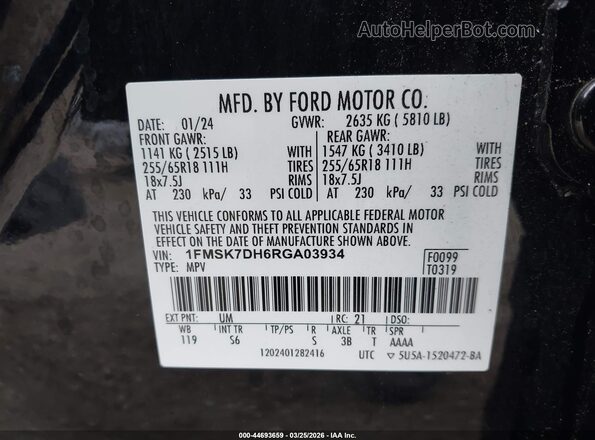 1FMSK7DH6RGA03934 2024 FORD FORD EXPLORER Black Widok komory silnika