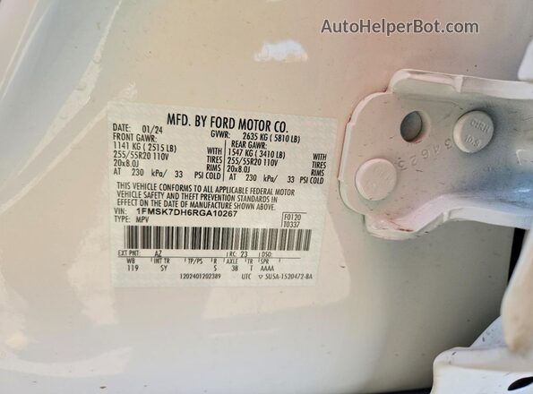 1FMSK7DH6RGA10267 2024 FORD FORD EXPLORER White Widok naklejki z numerem VIN