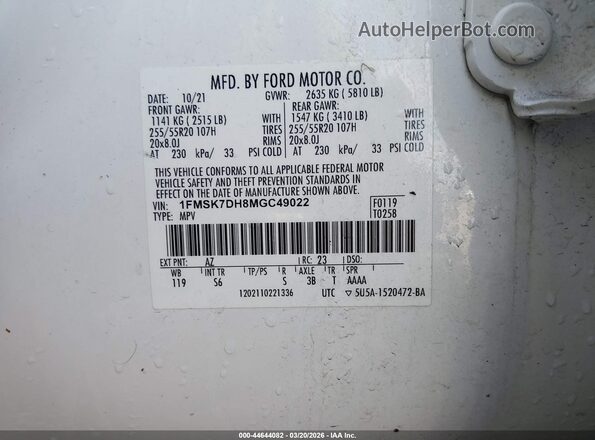1FMSK7DH8MGC49022 2021 FORD FORD EXPLORER White Շարժիչի բաժամունքի տեսք