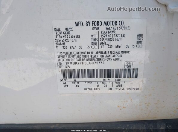 1FMSK7FH0LGC75772 2020 FORD FORD EXPLORER White Вид підкапотного простору