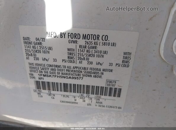 1FMSK7FH5NGA99577 2022 FORD FORD EXPLORER Белый Вид подкапотного пространства