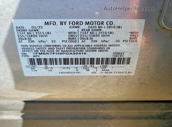 1FMSK7FH9PGA90416 2023 FORD FORD EXPLORER Серебряный Вид наклейки с VIN-кодом