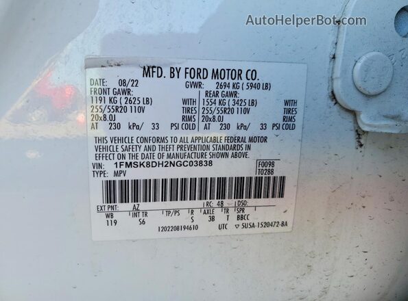 1FMSK8DH2NGC03838 2022 FORD FORD EXPLORER Белый Панорамный вид салона 360°