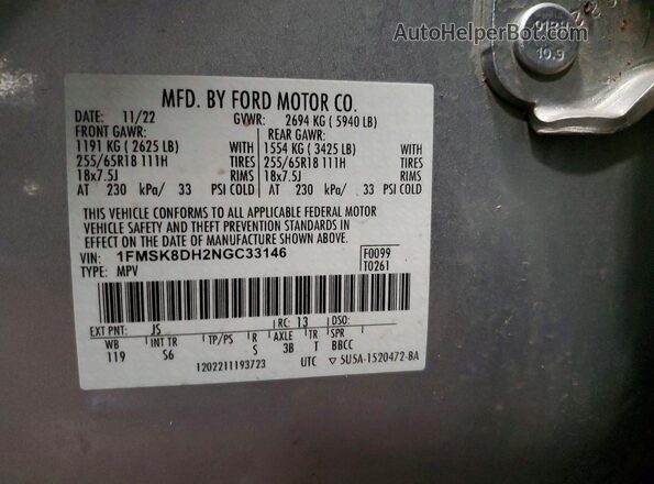 1FMSK8DH2NGC33146 2022 FORD FORD EXPLORER Серебряный Вид наклейки с VIN-кодом