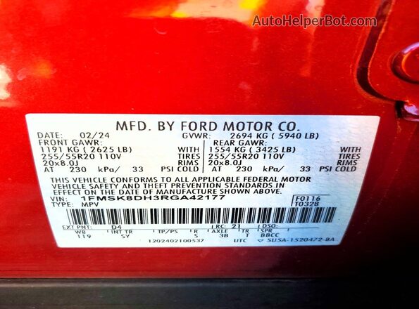 1FMSK8DH3RGA42177 2024 FORD FORD EXPLORER Red VIN կոդի պիտակի տեսք