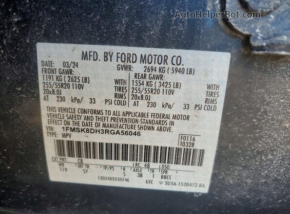 1FMSK8DH3RGA56046 2024 FORD FORD EXPLORER Black VIN კოდის სტიკერის ხედი