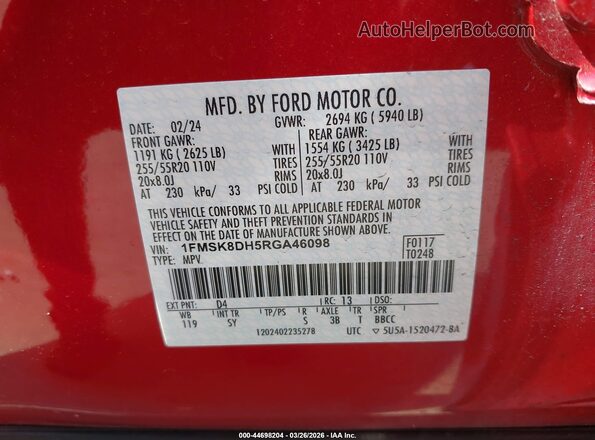 1FMSK8DH5RGA46098 2024 FORD FORD EXPLORER Red ძრავის განყოფილების ხედი