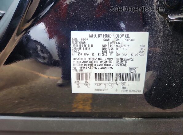 1FMSK8DH7LGA29925 2020 FORD FORD EXPLORER Black Vista de la etiqueta del VIN