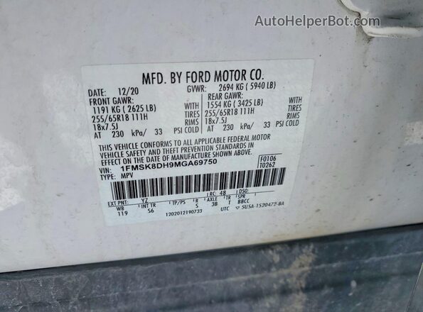 1FMSK8DH9MGA69750 2021 FORD FORD EXPLORER Белый Вид наклейки с VIN-кодом
