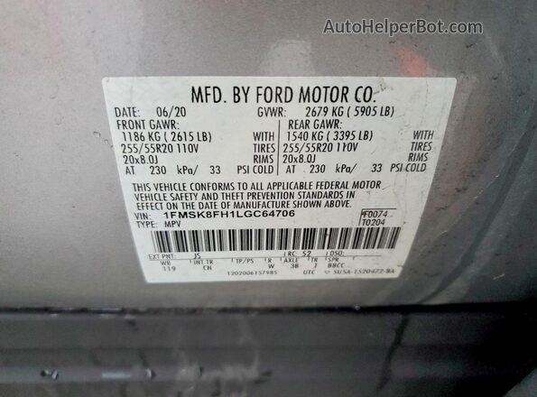 1FMSK8FH1LGC64706 2020 FORD FORD EXPLORER Серебряный Панорамный вид салона 360°