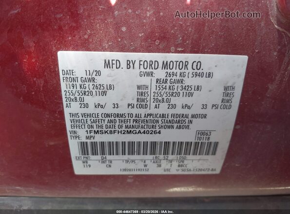 1FMSK8FH2MGA40264 2021 FORD FORD EXPLORER Maroon Widok komory silnika