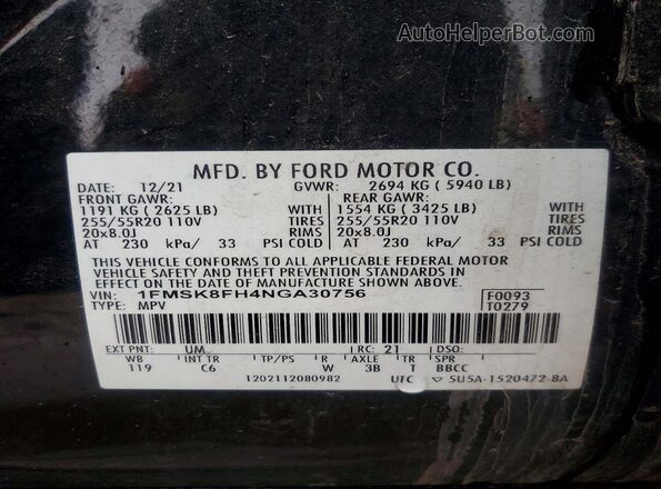 1FMSK8FH4NGA30756 2022 FORD FORD EXPLORER Черный Панорамный вид салона 360°