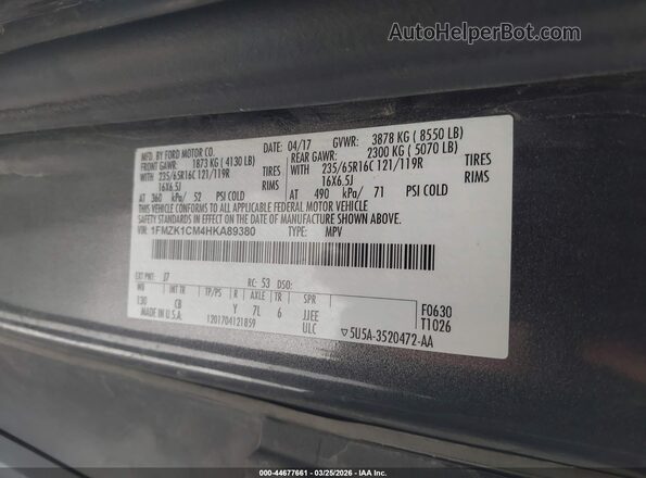 1FMZK1CM4HKA89380 2017 FORD TRANSIT-150 Серый Вид подкапотного пространства