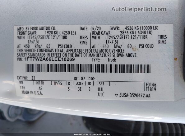 1FT7W2A66LEE10269 2020 FORD F-250 Белый Вид подкапотного пространства