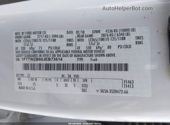 1FT7W2B60JEB73614 2018 FORD F-250 Белый Вид подкапотного пространства