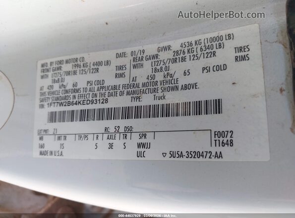 1FT7W2B64KED93128 2019 FORD F-250 White ძრავის განყოფილების ხედი