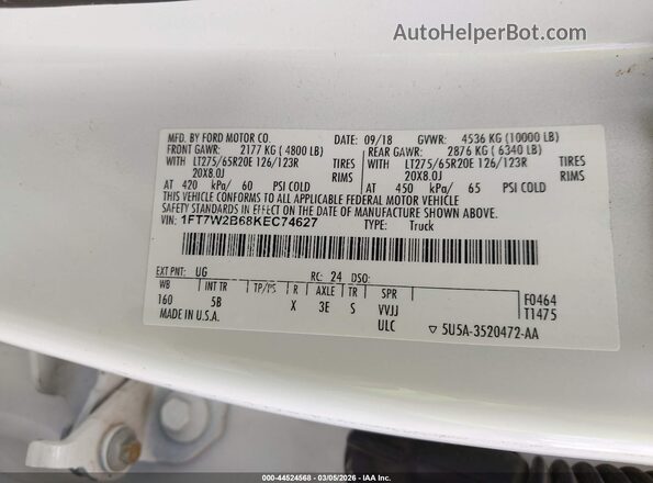 1FT7W2B68KEC74627 2019 FORD F-250 White ძრავის განყოფილების ხედი