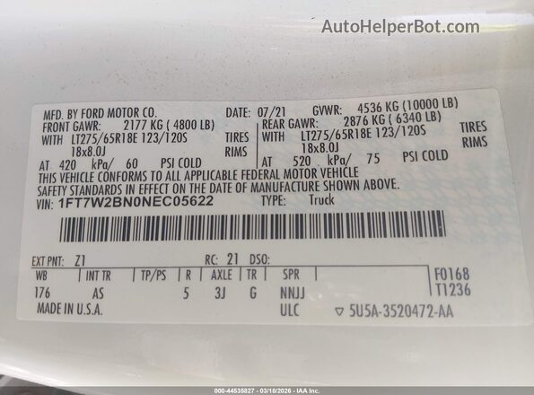 1FT7W2BN0NEC05622 2022 FORD F-250 White Widok komory silnika