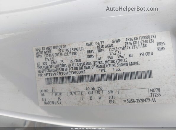 1FT7W2BT0HED60092 2017 FORD F-250 Белый Вид подкапотного пространства
