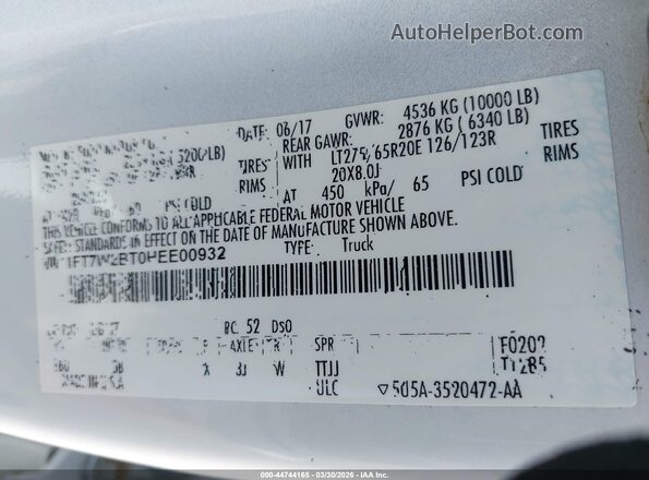 1FT7W2BT0HEE00932 2017 FORD F-250 White Vista del compartimento del motor