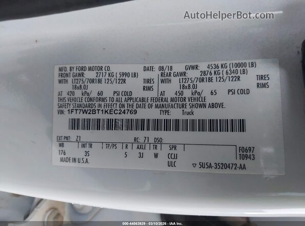 1FT7W2BT1KEC24769 2019 FORD F-250 Белый Вид подкапотного пространства