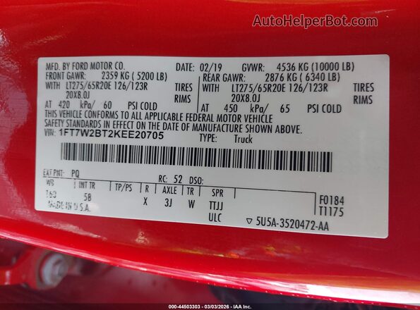 1FT7W2BT2KEE20705 2019 FORD F-250 Red Widok komory silnika