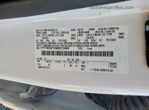 1FT7W2BT2MED72688 2021 FORD F250 White ძრავის განყოფილების ხედი