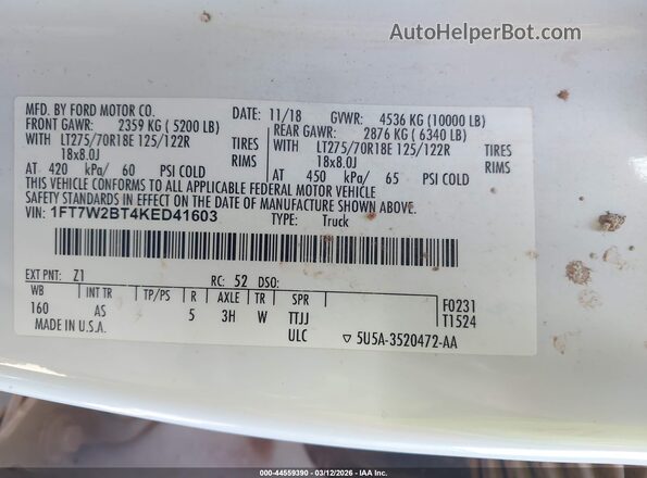 1FT7W2BT4KED41603 2019 FORD F-250 White ძრავის განყოფილების ხედი