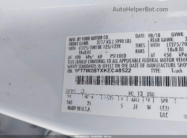 1FT7W2BTXKEC48522 2019 FORD F-250 White ძრავის განყოფილების ხედი