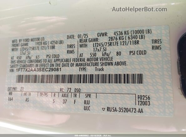 1FT7X2AA3SEC29081 2025 FORD F-250 White Vista del compartimento del motor