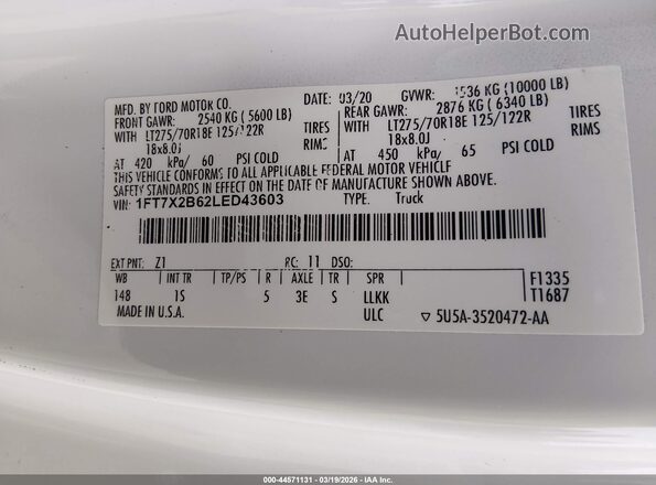 1FT7X2B62LED43603 2020 FORD F-250 Белый Вид наклейки с VIN-кодом
