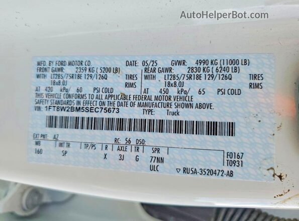 1FT8W2BM5SEC75673 2025 FORD F250 White Vista de la etiqueta del VIN