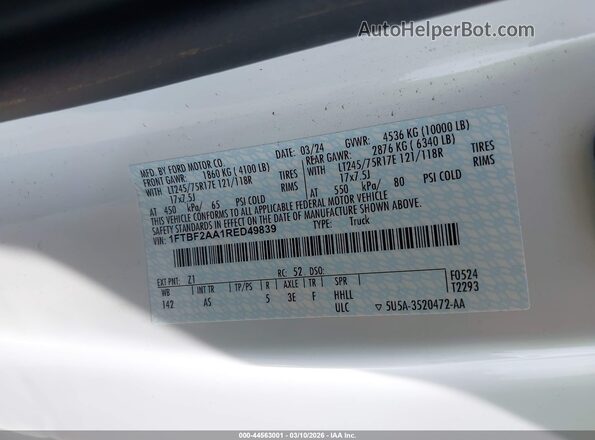 1FTBF2AA1RED49839 2024 FORD F-250 Белый Вид подкапотного пространства