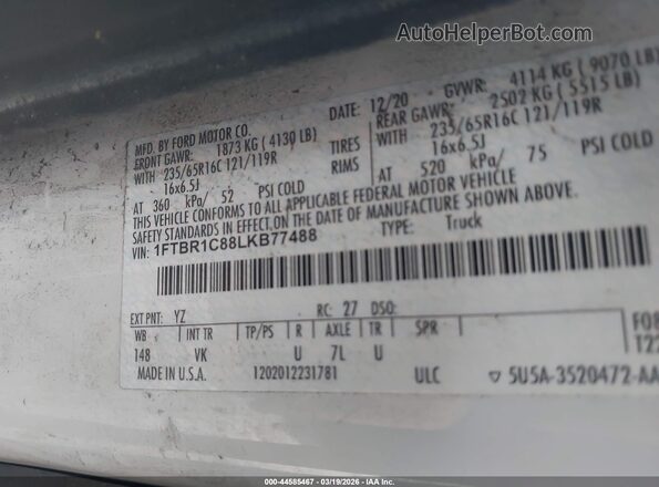 1FTBR1C88LKB77488 2020 FORD TRANSIT-250 White Vista del compartimento del motor