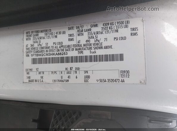 1FTBW2CM3HKA88253 2017 FORD TRANSIT-350 Белый Задняя правая четверть