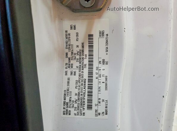 1FTER1FH5LLA04482 2020 FORD RANG White Շարժիչի բաժամունքի տեսք
