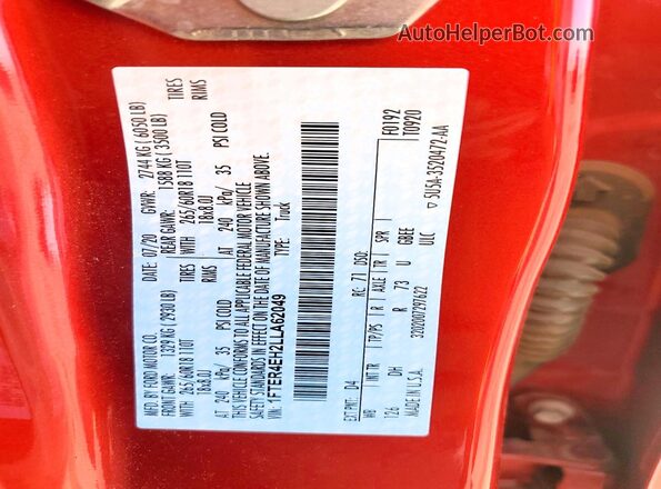 1FTER4EH2LLA62049 2020 FORD RANG Красный Вид подкапотного пространства