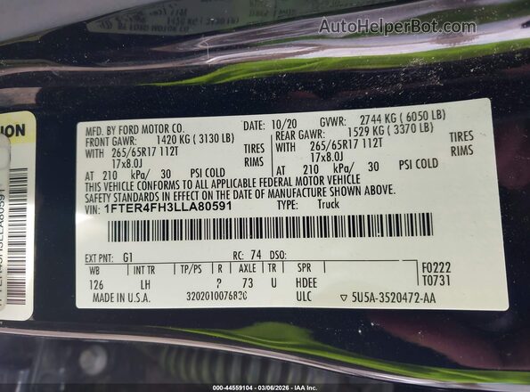 1FTER4FH3LLA80591 2020 FORD RANG Black ძრავის განყოფილების ხედი