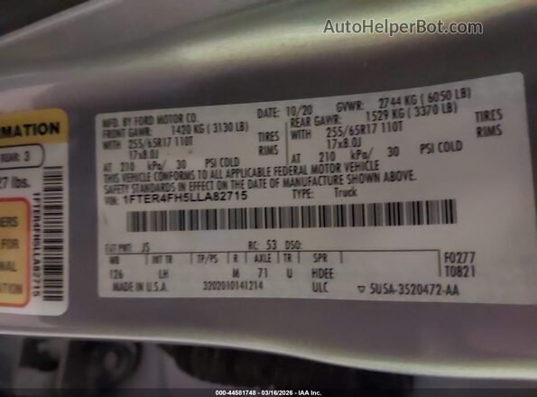 1FTER4FH5LLA82715 2020 FORD RANG Серый Вид подкапотного пространства