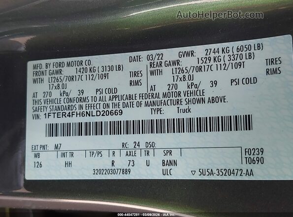 1FTER4FH6NLD20669 2022 FORD RANG Gray ძრავის განყოფილების ხედი