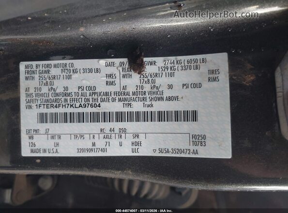 1FTER4FH7KLA97604 2019 FORD RANG Gray Widok komory silnika