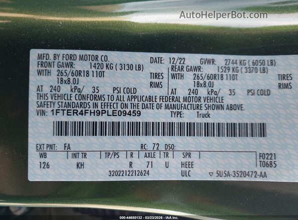 1FTER4FH9PLE09459 2023 FORD RANG Зеленый Вид подкапотного пространства