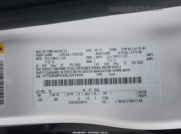 1FTER4PH3SLE51410 2025 FORD RANG Белый Вид подкапотного пространства