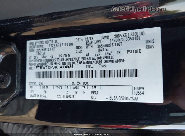 1FTEW1CP0KFA74926 2019 FORD F150 Gray Вид підкапотного простору