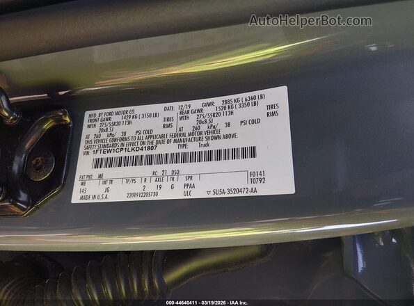 1FTEW1CP1LKD41807 2020 FORD F150 Серый Вид подкапотного пространства